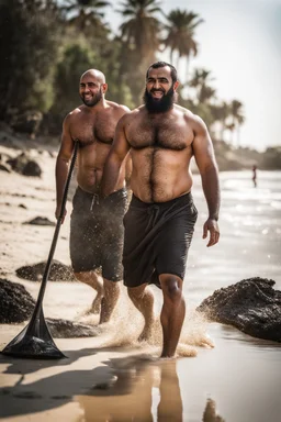 half figure shot photography of two strong muscular chubby hairy burly 32 years old ugly arab fishermen, short beard, shaved hair, shirtless, manly chest, swimwear, emotive eyes, tank top, walking on the beach in the sun, side light, sweat and wet, ground view angle