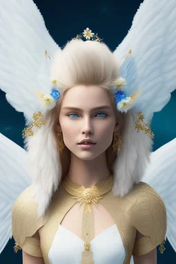 Flower, angel man, (detailed face )++, (detailed blue eyes)++ (long blond hair)++(pectoro visible)++(smile)++, , (two feathered wings on his shoulder blades)++, beautiful place, incredible, cosmic, colours, planet, gold, realistic, real photo, stars at night, detailed, high contrast, 8k high definition, unreal engine 5, extremely sharp details, (lighting effect, light background)++.