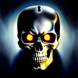 Ultra detailed portrait in oil on canvas of Terminator metal skull ,extremely detailed digital painting, extremely detailed face,crystal clear Big glowing eyes, mystical colors ,perfectly centered image, perfect composition, rim light, beautiful lighting,masterpiece,8k, stunning scene, raytracing, anatomically correct, in the style of robert e howard and Ken Kelley and Ohrai Noriyoshi and Simon Bisley and tomzj1