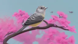 A bird drawing in a tree with a lot of pink flowers.