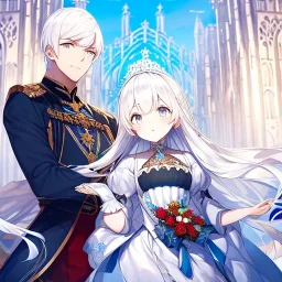 Twins, boy and girl, white hair, silver eyes, royal, palace background