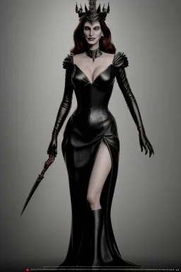 Julia Roberts as evil queen in black leather gown, evil, busty, cleavage, curvy, angry, stern look. character design by cory loftis, fenghua zhong, ryohei hase, ismail inceoglu and ruan jia. unreal engine 5, artistic lighting, highly detailed, photorealistic, fantasy