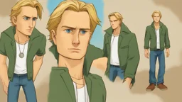 George is estimated to be 28 years of age (as of Broken Sword 4). His trademark appearance consists of blond hair, cut short in the back but left long in the front, as well as jeans with incredibly deep pockets and a blue-green jacket over a white t-shirt.