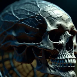 A hyperrealistic macro shot skull on a spider web, intricate details, soft natural light, screen captured from 4K Blu-ray