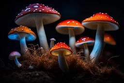 colorful mushrooms with glowing gills in rembrandt lighting on dark background