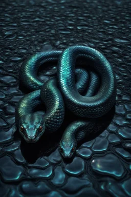 A two headed snake digital portrait, dark fantasy, black iridescent scales, holographic, shiny, PVC texture, wet look,