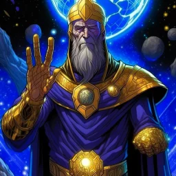 God-like man with infinite power who owns the galaxies and wears a beautiful crown with thanos Infinity Gauntlet