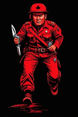 native canadian soldier(uniform and face based on racist steriotypes) running towards viewer, a knife i one hand, and a gun(barrel pointing at viewer) in the other. blocky retro 1960's jack kirby style poster in monochrome with white background