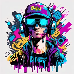 Vector t shirt art ready to print colorful graffiti illustration of a cyberpunk boys and a basecap with text "Digi".On cap, headphone, explore, white background.