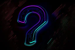 black background, outlines of a holographic question mark drawn from thin neon-coloured glowing lines