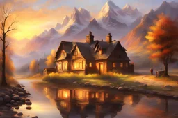 Landscape, sunrise, mountains, bright, old house, reflections, street lights, people on sidewalk, digital painting in style of bierstadt