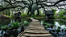 A wooden walkway in poor condition leads into a gloomy pond with dark waters that appear to be home to poisonous plants and sinister inhabitants. Inside a tree-like dome, punctual rays of light filter through. Some ruined wooden buildings can be seen in the background of the image.