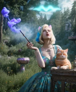 Ultra realistic wonderland photo, happy blonde woman smoking a shisha, blue dress, purple-cat friend, circus dress style, old school tattoo, smoke, marijuana garden, glow eyes, perfect iris, soft color, highly detailed, unreal engine 5, cinematic, ultra detail, volumetric lighting, high definition.