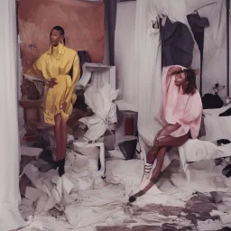 realistic photoshooting for a new balenciaga lookbook, color film photography, portrait of a beautiful woman, set design by wes anderson, in style of Tyler Mitchell, 35mm,