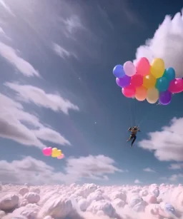 Ultra realistic speed clouds sky scene, wide angle view, sweet women falling down, inflatable color clothing, free jumping flying, many trinkets, hair monster. many jelly beans, balls, color smoke, smile, happy, circus style, extreme, wind, 20,000 feet altitude, stratosphere, soft color, highly detailed, unreal engine 5, ray tracing, RTX, lumen lighting, ultra detail, volumetric lighting, 3d, finely drawn, high definition, high resolution.