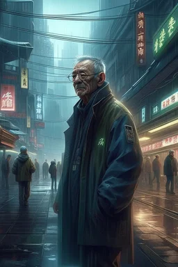 man in cyberpunk Wuhan in 50 years in the future