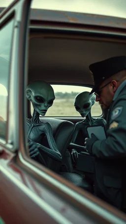 aliens sitting inside an old car doors are open and a policeman asking them for driving licenses