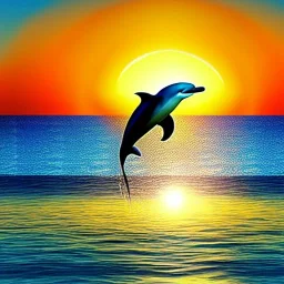 Bright sun and a sea with dolphin fish jumping high and orange trees.