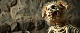 close up on fluffy laughing dog skeleton in a heretic place shaking