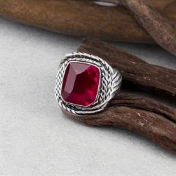 ruby signet ring with braided tungsten and titanium, braided band, brushed steel, men's jewellery