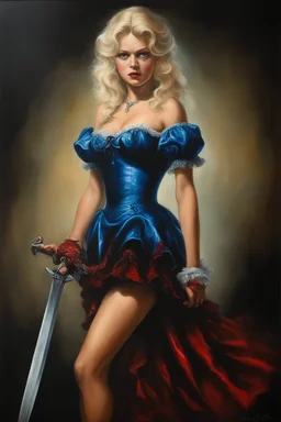 full body image, head to toe, chiaroscuro, deep shadows, rich deep colors, highly detailed portrait, Oil on Canvas by Boris Vallejo - The Evil, homicidal13-year-old Cinderella with Bleach-blonde hair holding a bloody cleaver - 4k UHD, Ultra-realistic, Hyper realistic, Photorealistic, Realistic, absolute Reality