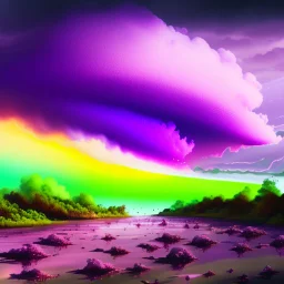 a beautiful clear sky violently exploding and raining dirty colors of purple, green, and brown that muddy the sky, surreal, dreamlike