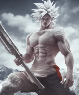 Goku avatar style, white hair, fighting pose, muscular body, shirtless, volumetric details, hyper realism, unreal engine 5