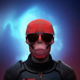 Midjourney style of detailed and intricate skull wearing red sunglasses| wearing cosmonaut suit| portrait and science fiction theme| aurora lighting| nebula and stars| stunning environment| volumetric lighting| vibrant