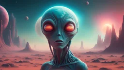"An extraterrestrial being on a distant planet captured in a close-up photograph with moderate quality. The image portrays a sci-fi, surreal, and otherworldly ambiance, with vibrant colors that evoke a sense of fantasy and imagination. This digital artwork showcases high detail and resolution, serving as concept art for a 4k depiction of extraterrestrial life."