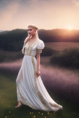 young elf woman, countryside, blonde braids, trees, magic, motif, white dress, cinematic, forrest, happy, 3d art, alfons mucha, photography, smile, nature