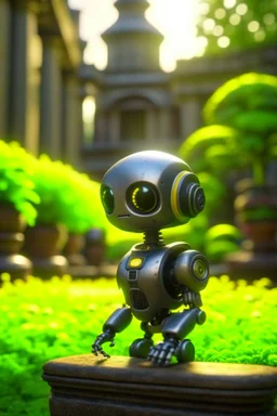 adorable cute chat priest robot with short punk hair and real human reflective eyes, in garden of st. Barbara cathedral, its such a perfect day, motion blur, smoke, 8k, downlight, soft light, depth of field, photorealism, trending on art station, lotsa detail