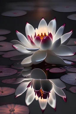 Glowing Burgundy and white lily pad flower at night, in pond, centered highly detailed, sharp focus.