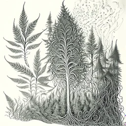 Sketch a composition where intricate smoke patterns transform into a forest of towering trees made entirely of crushed weed leaves, filling the canvas with a surreal and visually captivating asymmetrical patterns. Pencil sketch Drawing