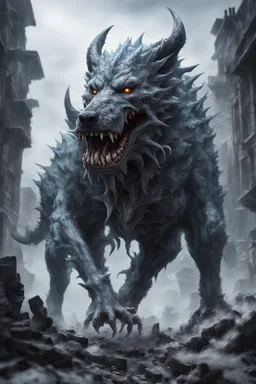 frost hellhound out of the abyss monstrous with five heads in ruins of medival town