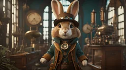 High-end state-of-the-art STEAMPUNK aesthetics flawless smiling cute Honey rabbit explorer, supreme cinematic-quality photography, sage green blue and honey brown pure wool clothes, Art Nouveau-visuals,Vintage style with Octane Render 3D technology,hyperrealism photography, (UHD) with high-quality cinematic character render,Insanely detailed close-ups capturing beautiful complexity,Hyperdetailed,Intricate,8K,Hyperrealism craftwork