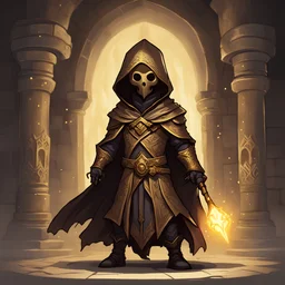 Abelazar is a redguard necromancer dressed in ritulalistic bronze robes with a bronze helm with curved sides and hood surrounded by glowing gold ghost minions in a crypt, in chibi art styles