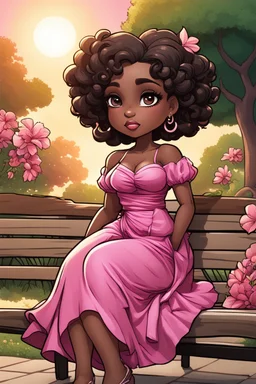 create a comic book art image of A curvy chibi cartoon black woman sitting on a park bench, facing the sunset. She has brown eyes accentuated by dramatic makeup. Her brown hair is done up in an elaborate curled twist. She sits slightly angled, wearing a flowing pink maxi dress with tropical flowers that seems to flutter in the gentle breeze.