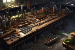 table full of weapons, concept art