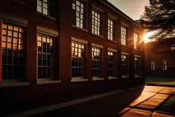 A photograph of an American school with evening light coming through the window