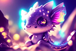 cute chibi anime little dragon, holographic, transparent sparkling crystal mountains in sunshine, ethereal, cinematic postprocessing, bokeh, dof