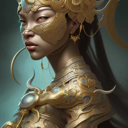 Sango fantasy, fantasy magic, intricate, sharp focus, illustration, highly detailed, digital painting, concept art, matte, art germ and Paul Lewin and Kehinde Wiley, masterpiece Indonesian lady head bronze tiger Asian African girl nice breast Thai hair turquoise silver waves