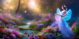 bright fairy, beautiful portrait, flowery landscape