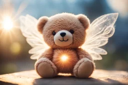 photorealistic image, cute chibi plushy embroidered teddy bear fairy with a translucent, shining halo above its head in Ecuador, cigar in his hand in sunshine, ethereal, otherwordly, cinematic postprocessing, bokeh, dof Weight:1 heavenly sunshine beams divine bright soft focus holy in the clouds Weight: 0.9