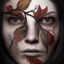 "full face tattoo of leaves and gnarled branches extending past face and morphing into reality, 8k resolution, high-quality, fine-detail, muted colors,intricate, digital art, detailed matte, volumetric lighting, illustration, octane render