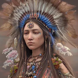 Insanely detailed photograph of an “portrait of native american goddess ” with intricate hair, intricate embroidered dress, beautiful clear face and hyperdetailed painting by Ismail Inceoglu Huang Guangjian and Dan Witz CGSociety ZBrush Central fantasy art album cover art,8K, hdr, romantic, mysterious, ominous, flowers, jewelry, comfort, "arms open for embrace"intricate and detailed headdress