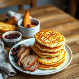 Prompt: "Golden potato pancakes stacked on a plate with a side of lingonberry jam and crispy pork slices, placed on a wooden table. Captured in 8K with a cozy Scandinavian ambiance."