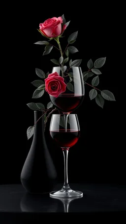 Elegant Wine Breathing Carafe Classic Red Wine Glass Table is a digital artwork that depicts a branch of tree of light black roses and leaves tanglingaThe rose floats on the bsurface. The background is black,