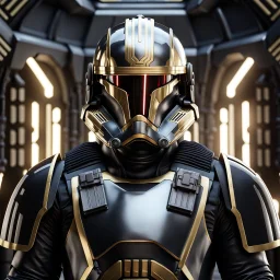 star wars bald male corellian pilot wearing pearlescent black and gunmetal grey First Order special forces heavy assault armor and helmet with gold trim inside the jedi temple, centered portrait, hyperdetailed, dynamic lighting, hyperdetailed background, 8k resolution, volumetric lighting, light skin, fully symmetric details