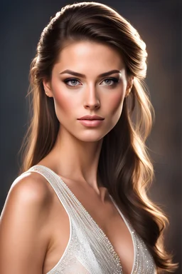 amazing portrait of a beautiful brunette woman in a dress, straight hair, (ponytail), great facial feature, perfect eyes, ultra realistic eyes, perfect face, perfect body, cinematic, neutral posing, realistic hair, ((Perfect Face)), ((Sexy Face)), medium shot portrait, Photograph, photorealistic, (Looking at Viewer), artgerm, cinematic lighting, very high detailed, foggy background, ((facing forward)), ultra real, ultra detailed, lifelike, studio photo, ((katy mixon))