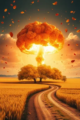 a nuclear explosion mushroom cloud that looks like a autumn tree full of leaves, leaves falling everywhere. bottom 2/3 is a curved dirt road through a wheat field, a wind is blowing away from the tree. a business front is in the middle of the left field,